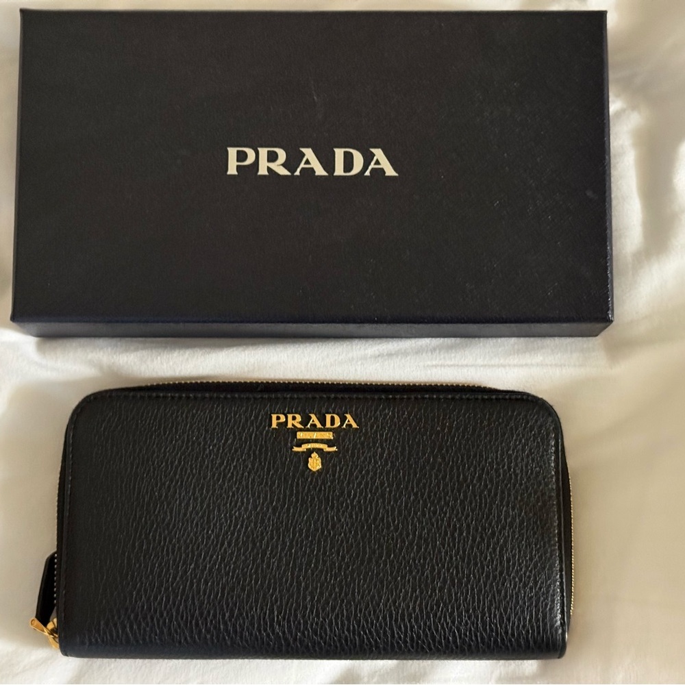 Prada Black and Gold Leather Zip Wallet